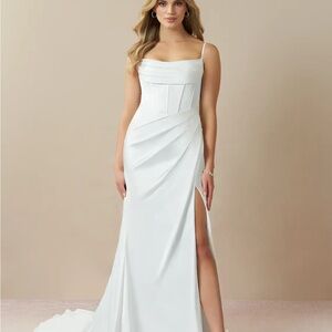 Azazie Starlow Diamond White Mermaid Pleated Stretch Satin Dress Wedding